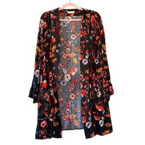 Sophie Rue Black Floral Print Open Kimono Cardigan Sz Medium Western Boho Pirate